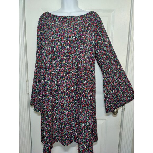Molly Bracken Floral Long-Flare-Sleeve Boat Neck Tie-Back Mini Shift Dress L - Picture 2 of 7